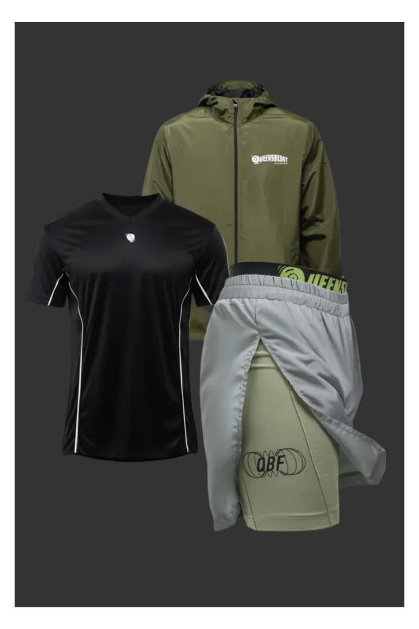 Outdoor gear full kit including a black shirt, green jacket, and gray pants on a white background.