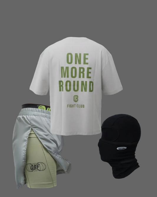 Street fit clothing set with t-shirt, shorts, and ski mask on a white background